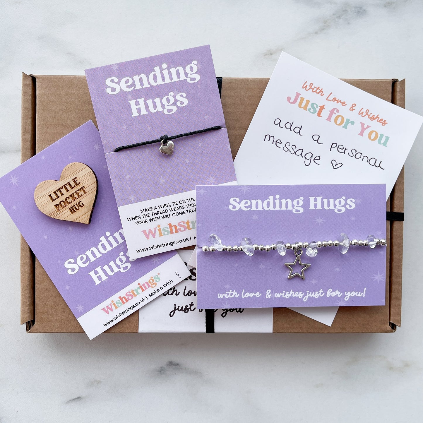 Sending Hugs WishBox Letterbox Gift | Includes WishStrings Wish Bracelet, Pocket Hug Token & Little Wishes Bracelet | Personalised Handwritten Message | Comfort and Support Gift for Friends and Loved Ones