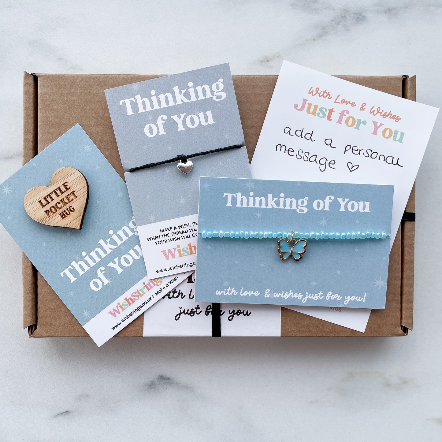 Thinking of You WishBox Letterbox Gift | Includes WishStrings Wish Bracelet, Pocket Hug Token & Little Wishes Bracelet | Personalised Handwritten Message | Thoughtful Gift for Friends and Loved Ones