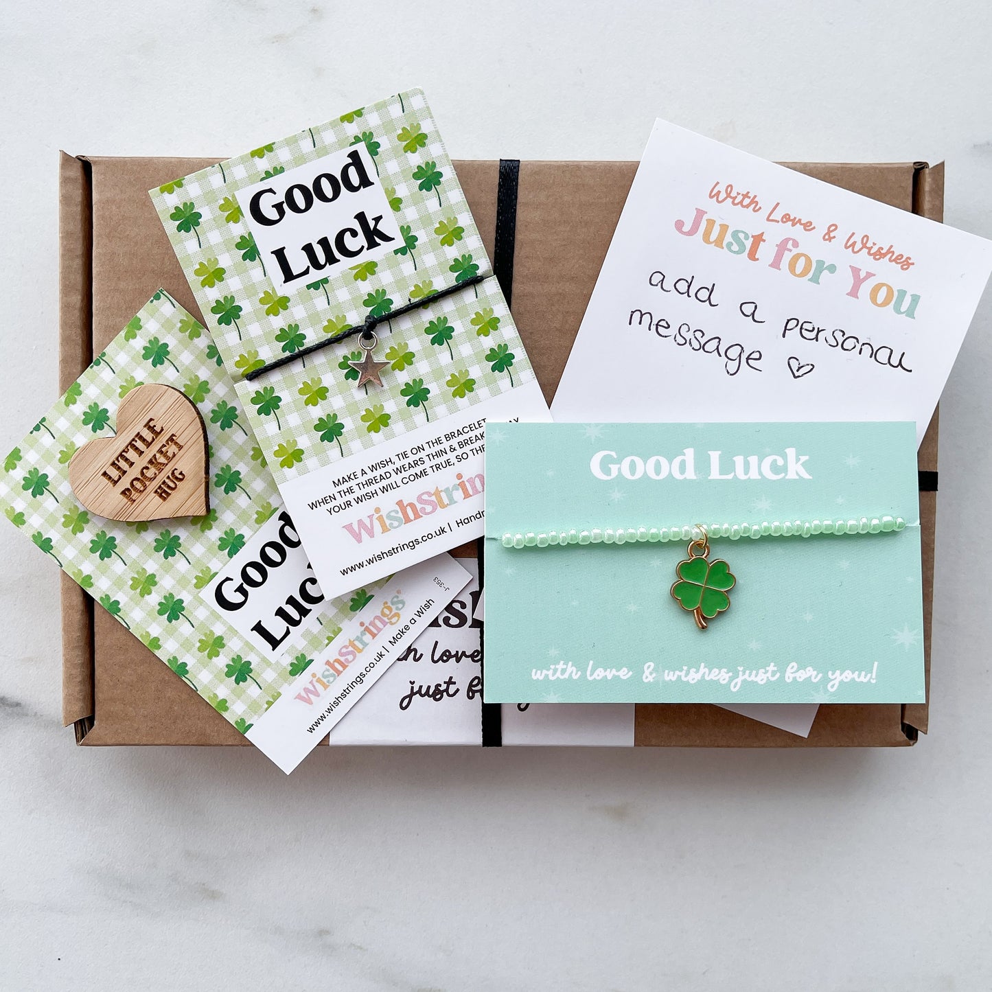 Good Luck WishBox Letterbox Gift | Includes WishStrings Wish Bracelet, Pocket Hug Token & Little Wishes Bracelet | Personalised Handwritten Message | Thoughtful Gift Set for Friends and Loved Ones