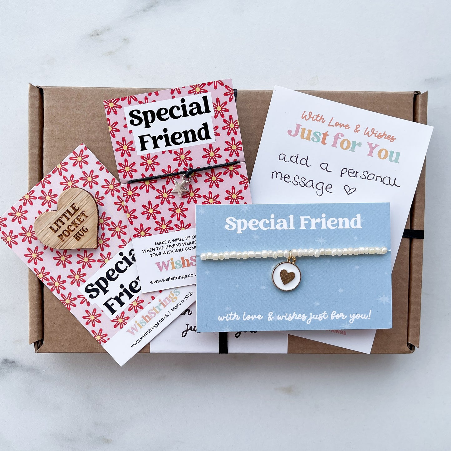 Special Friend WishBox Letterbox Gift | Includes WishStrings Wish Bracelet, Pocket Hug Token & Little Wishes Bracelet | Personalised Handwritten Message | Thoughtful Gift for Best Friends