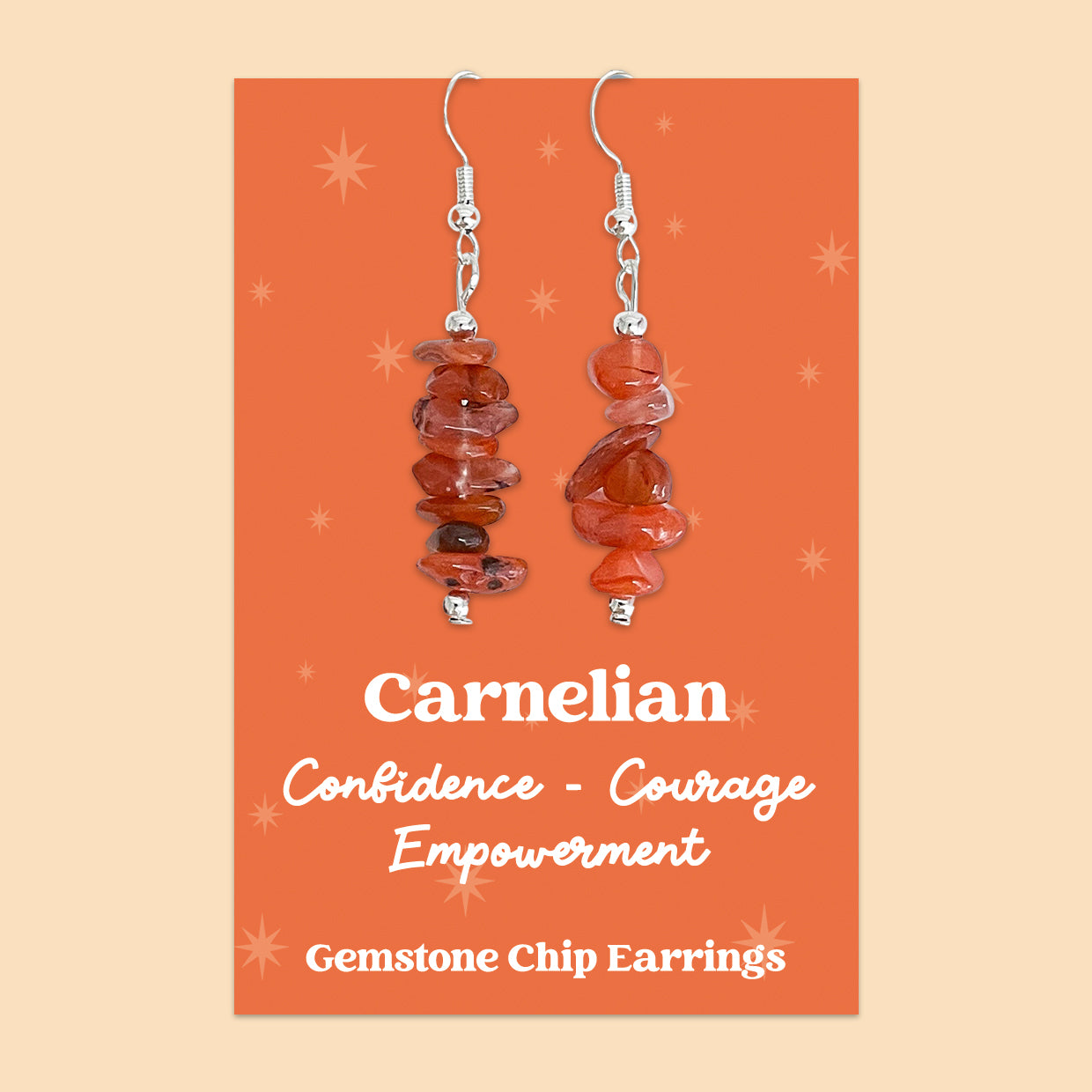 WishStrings “Carnelian” Gemstone Chip Earrings | Handmade Healing Crystal Jewellery | Confidence, Courage & Empowerment | Presented on Orange Starry Card