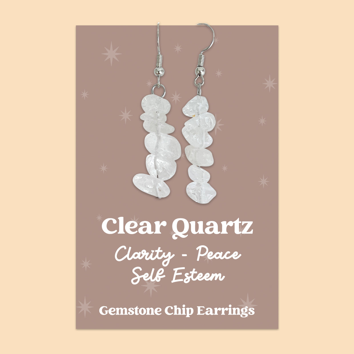 WishStrings “Clear Quartz” Gemstone Chip Earrings | Handmade Healing Crystal Jewellery | Clarity, Peace & Self-Esteem | Presented on Taupe Starry Card