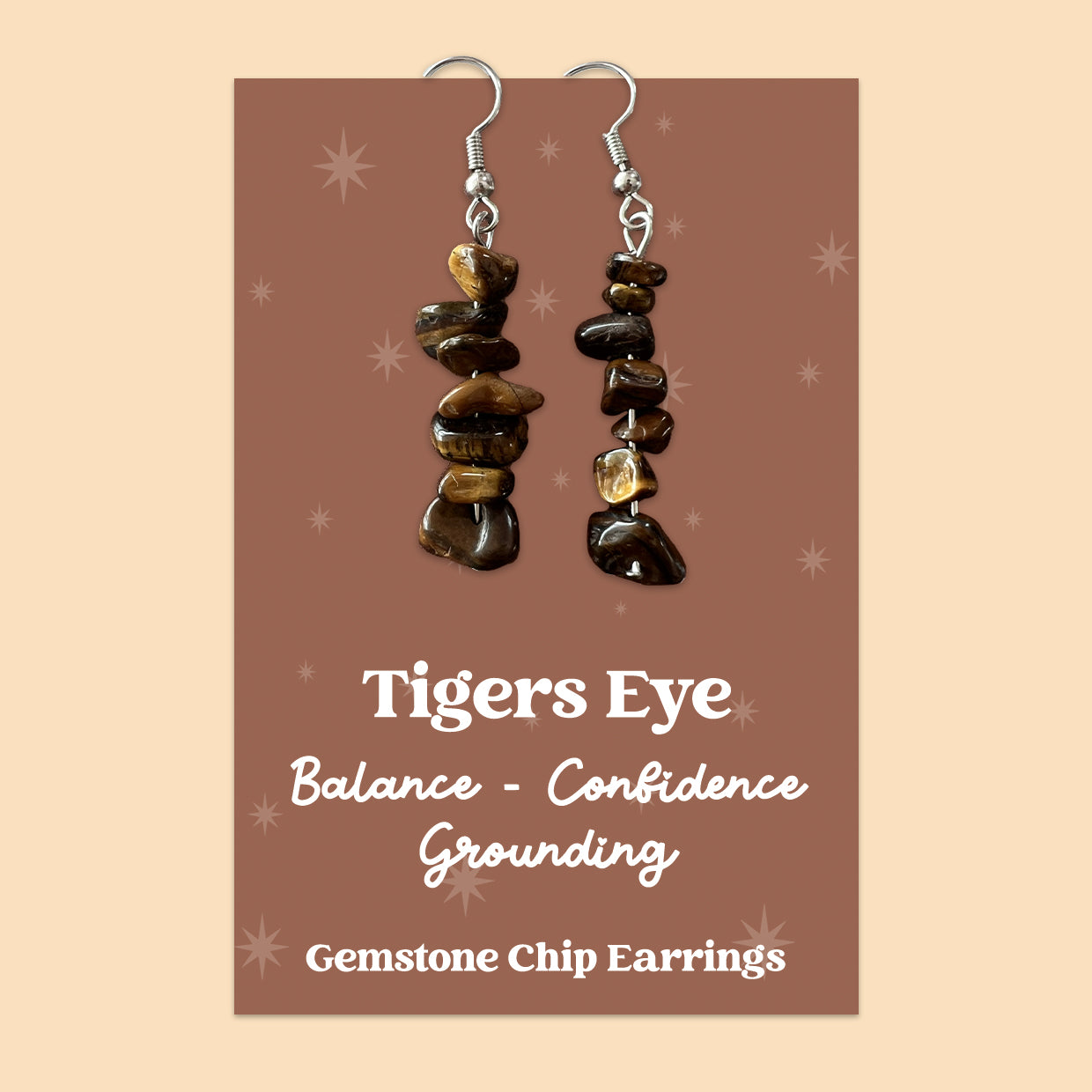WishStrings “Tigers Eye” Gemstone Chip Earrings | Handmade Healing Crystal Jewellery | Balance, Confidence & Grounding | Presented on Brown Starry Card