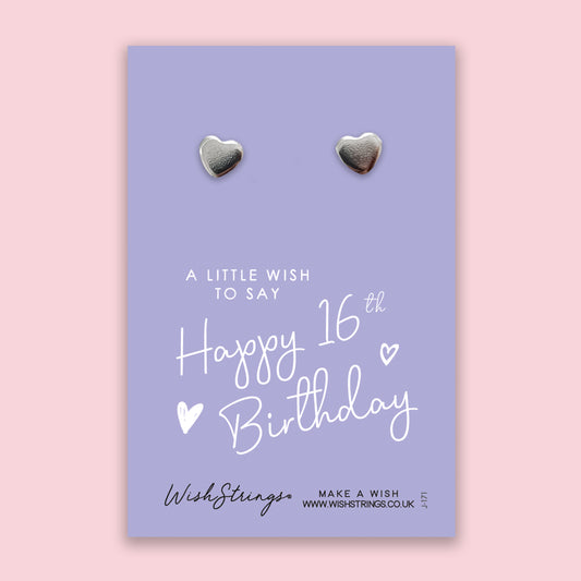 Happy 16th Birthday - Silver Heart Stud Earrings | 304 Stainless - Hypoallergenic