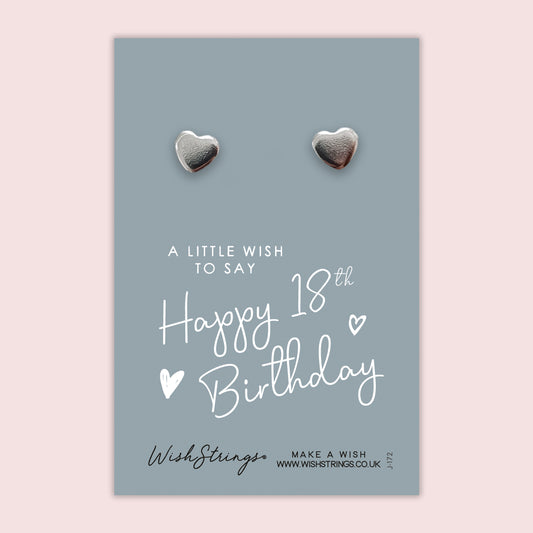 Happy 18th Birthday - Silver Heart Stud Earrings | 304 Stainless - Hypoallergenic