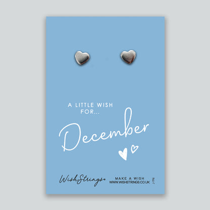 December, Birth Month - Silver Heart Stud Earrings | 304 Stainless - Hypoallergenic