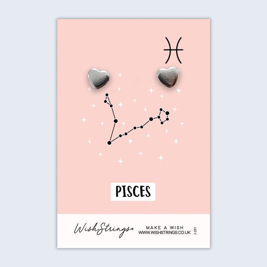 Pisces, Star Sign Horoscope - Silver Heart Stud Earrings | 304 Stainless - Hypoallergenic