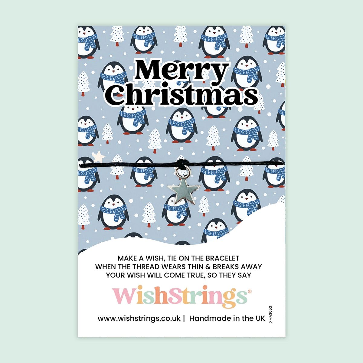WishStrings ‘Merry Christmas’ Wish Bracelet | Festive Gift for the Holiday Season | Handmade Stocking Filler Keepsake | Cute Penguin Design | Letterbox Friendly