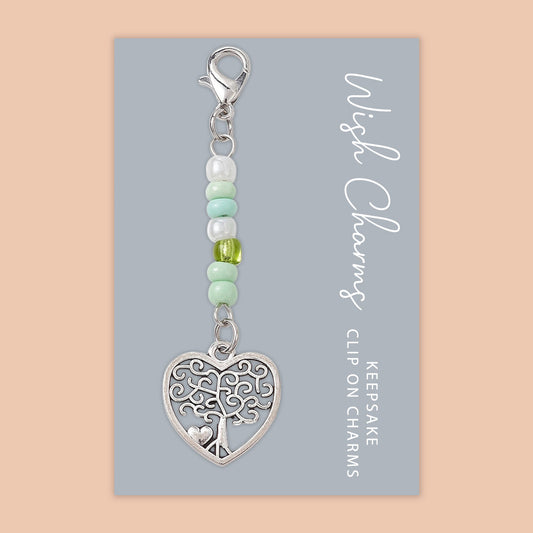 Tree of Life, Heart - Wish Charms - Keepsake Clip on Charm with Glass Beads