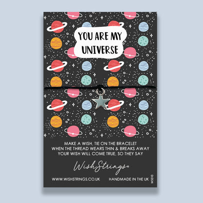 you are my universe, quote WishStrings wish bracelet patterned card with space, stars and planets