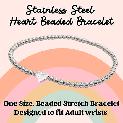 The image is a promotional poster for a stainless steel heart-shaped beaded bracelet. The bracelet is described as one-size, beaded, and designed to fit adult wrists.