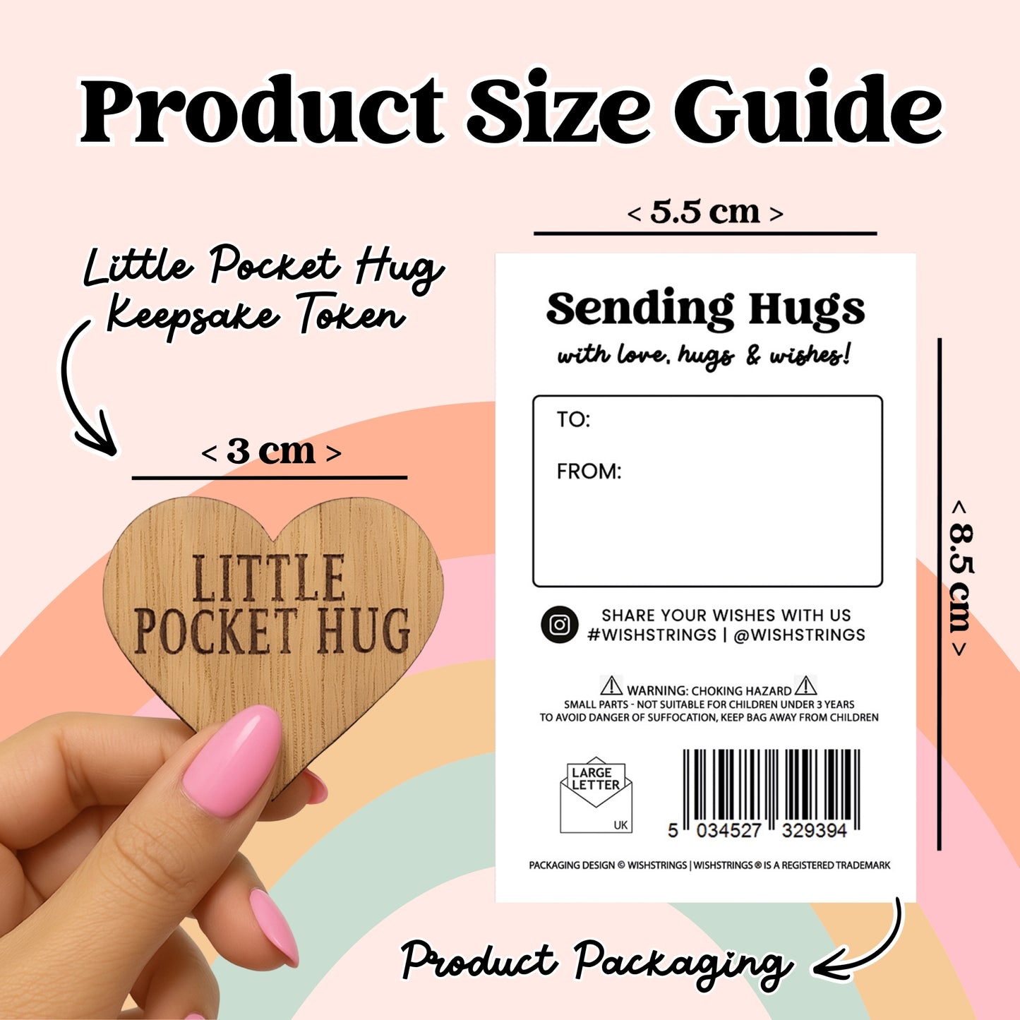 a product size guide for a "Little Pocket Hug" gift, with a wooden heart-shaped keepsake token. The guide provides dimensions and instructions for sending hugs with love, hugs, and wishes.