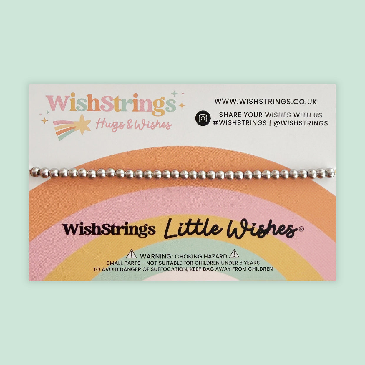 The image is a bracelet with a colorful design and text that reads "WishStrings Little Wishes".