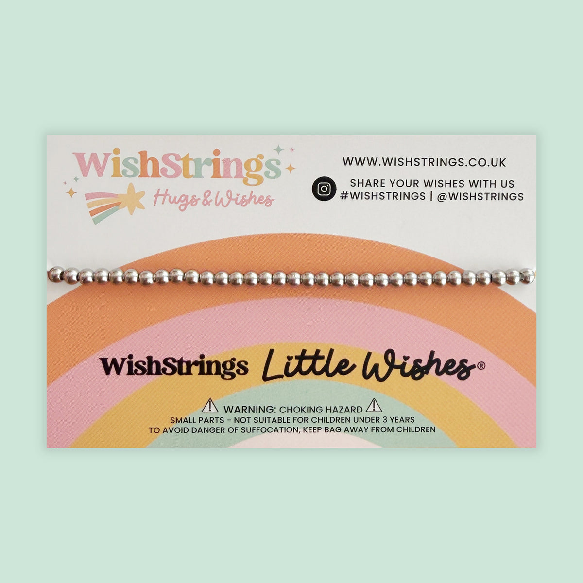 The image is a bracelet with a colorful design and text that reads "WishStrings Little Wishes".