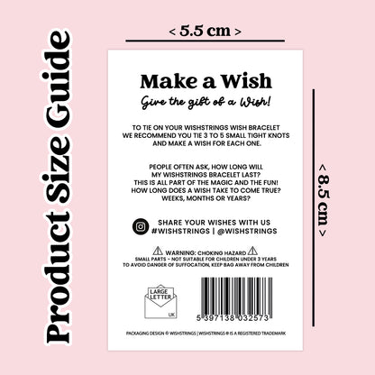 The image is a product label for a wish bracelet, providing information about the product size, materials, and safety warnings.