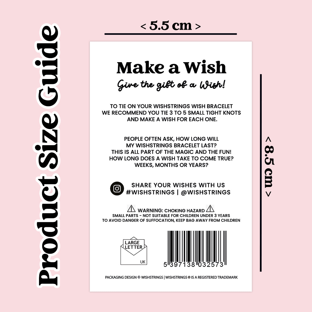 The image is a product label for a wish bracelet, providing information about the product size, materials, and safety warnings.
