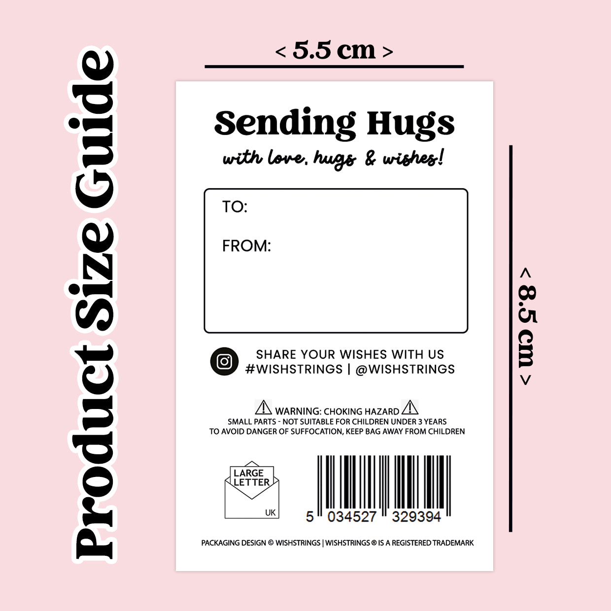 The image is a product size guide for a product called "Sending Hugs" with a barcode and barcode sticker.