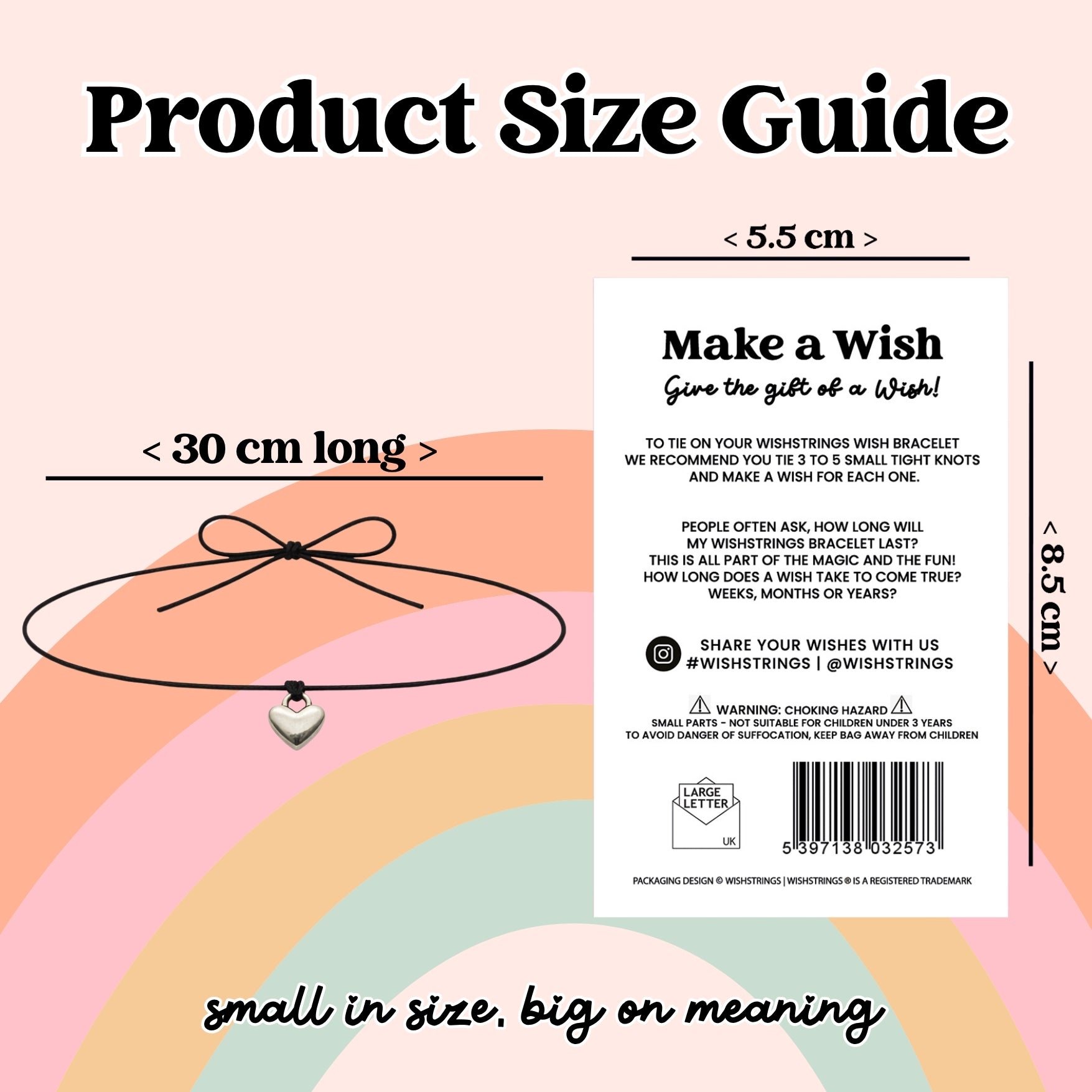The image is a product size guide for a wish bracelet, with a heart-shaped charm and a bow.