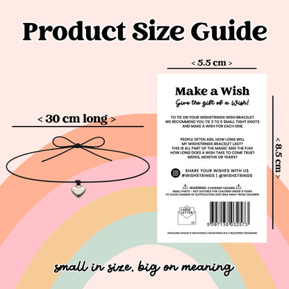 The image is a product size guide for a wish bracelet, with a heart-shaped charm and a bow.
