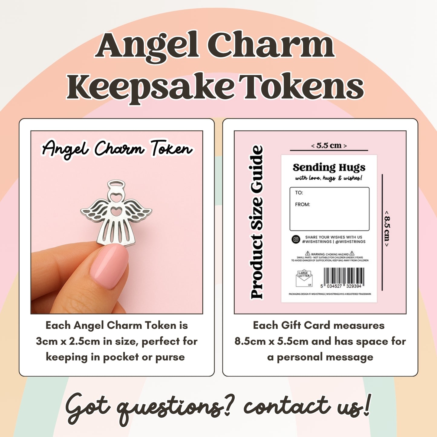 The image is an advertisement for Angel Charm Keepsake Tokens, featuring a hand holding an angel charm token and providing details about the product.