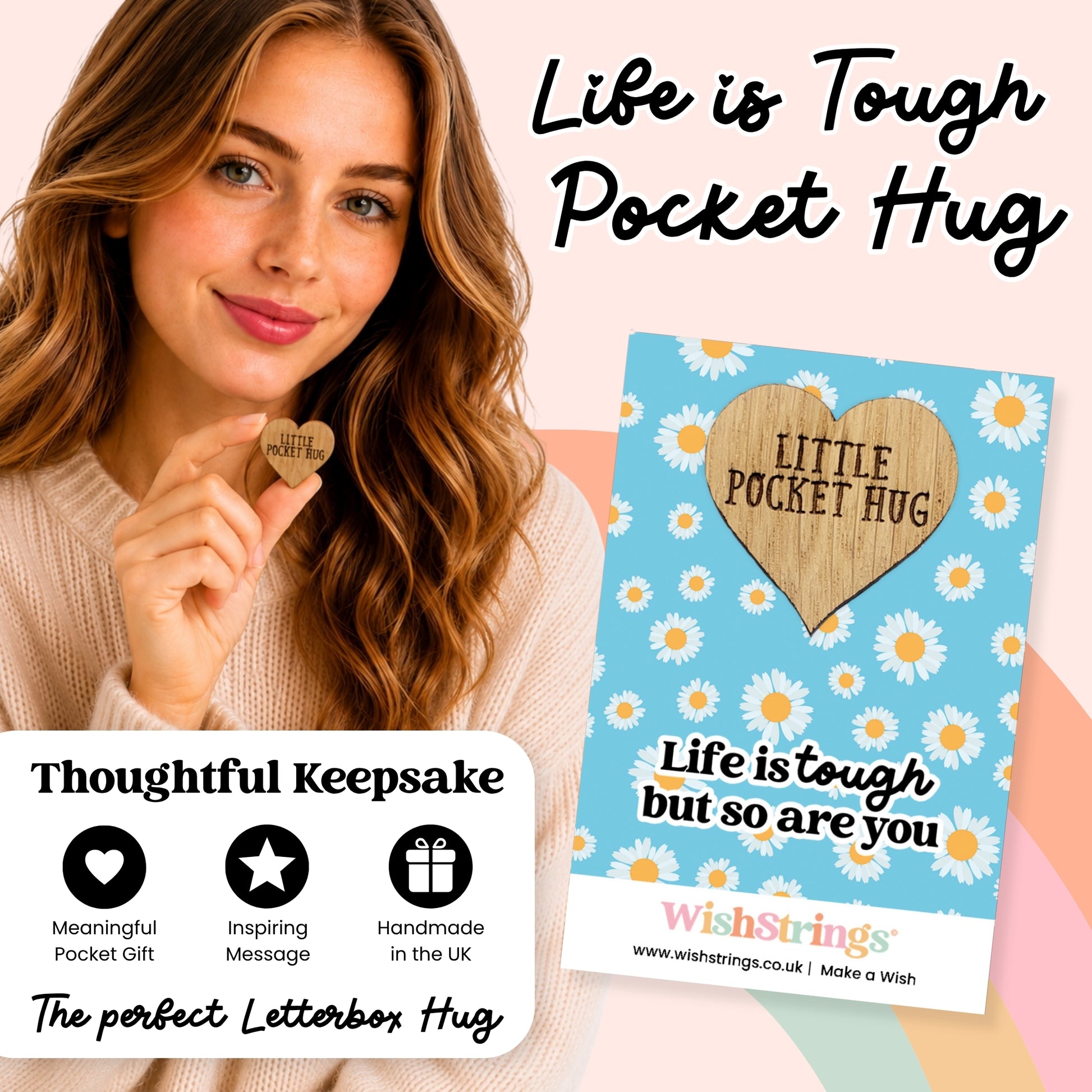 The image is a collage featuring a woman holding a heart-shaped wooden keepsake and a blue card with a wooden heart and text.