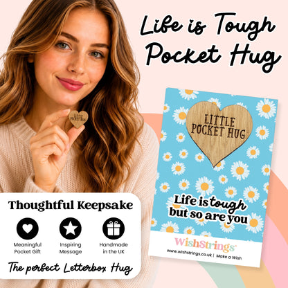 The image is a collage featuring a woman holding a heart-shaped wooden keepsake and a blue card with a wooden heart and text.