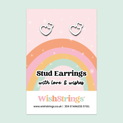 Double Heart Stud Earrings | Stainless Steel Outline Hearts | Cute Gift of Love, Friendship & Positivity