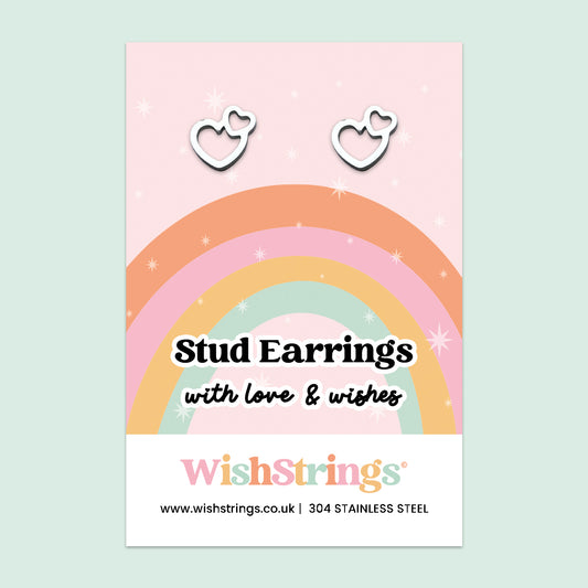 Double Heart Stud Earrings | Stainless Steel Outline Hearts | Cute Gift of Love, Friendship & Positivity