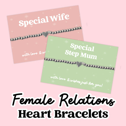 Female Relations Heart Beaded Bracelets Collection | Stretch Charm Bracelets for Mum, Sister & Daughter | Handmade Meaningful Gifts