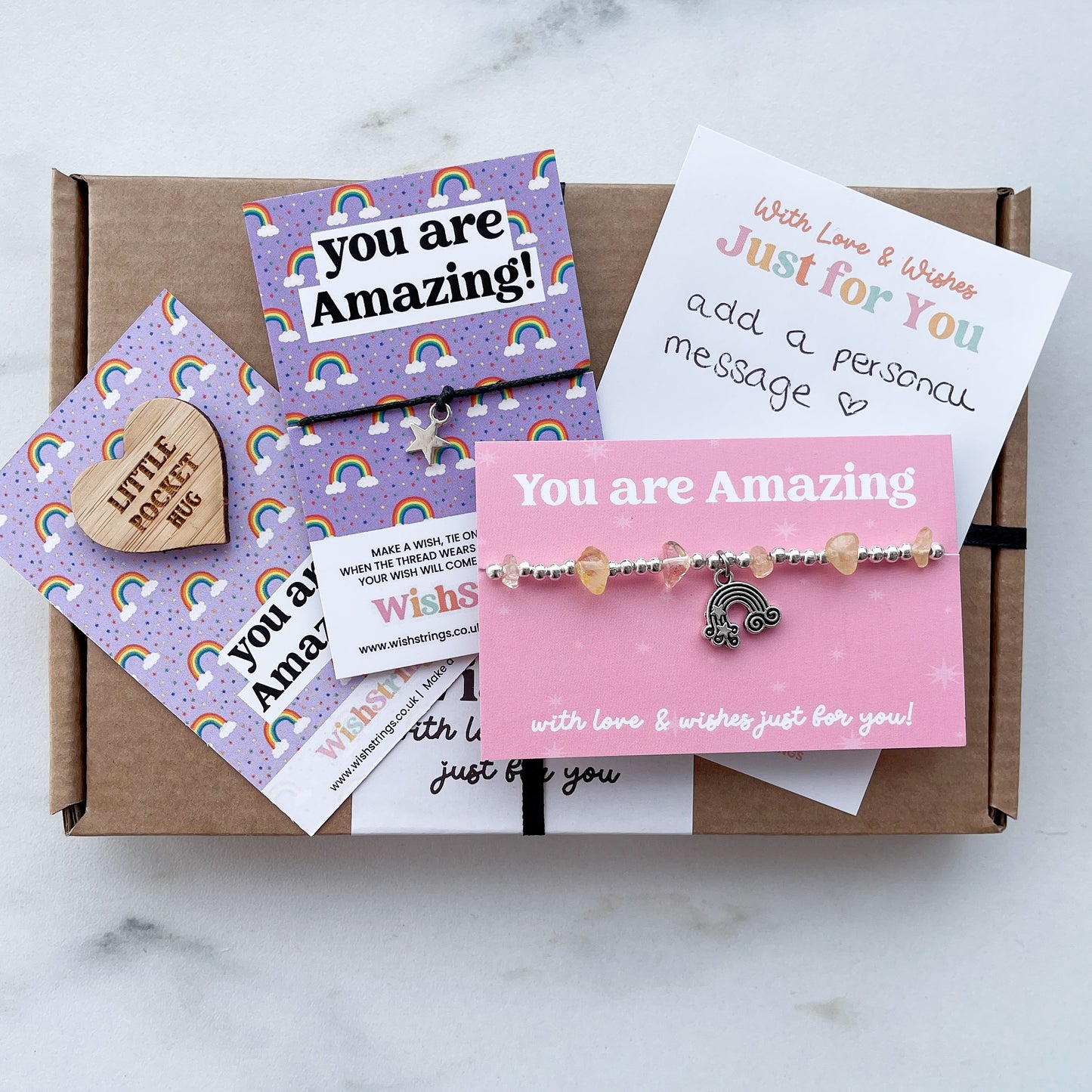 You Are Amazing WishBox Rainbow Gift Box | Includes WishStrings Wish Bracelet, Pocket Hug Token & Little Wishes Bracelet | Personalised Handwritten Message | Colourful Uplifting Gift for Friends and Loved Ones