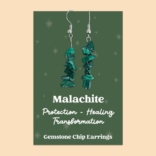 WishStrings “Malachite” Gemstone Chip Earrings | Handmade Healing Crystal Jewellery | Protection, Healing & Transformation | Presented on Green Starry Card