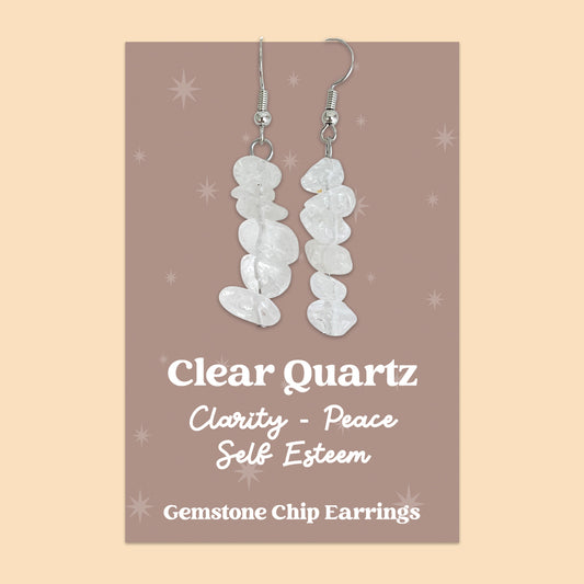 WishStrings “Clear Quartz” Gemstone Chip Earrings | Handmade Healing Crystal Jewellery | Clarity, Peace & Self-Esteem | Presented on Taupe Starry Card