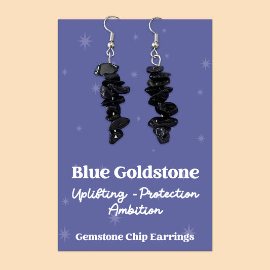 WishStrings “Blue Goldstone” Gemstone Chip Earrings | Handmade Healing Crystal Jewellery | Uplifting, Protection & Ambition | Presented on Blue Starry Card