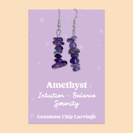 WishStrings “Amethyst” Gemstone Chip Earrings | Handmade Crystal Jewellery | Intuition, Balance & Serenity | Presented on Lilac Starry Card