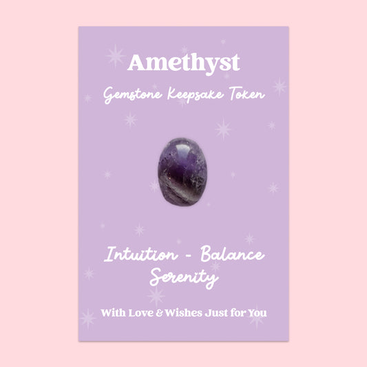 Amethyst Gemstone Keepsake Token | Intuition, Balance & Serenity | Polished Purple Crystal Gift | Presented on Lilac Starry Card