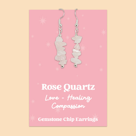 WishStrings “Rose Quartz” Gemstone Chip Earrings | Handmade Crystal Jewellery | Love, Healing & Compassion | Presented on Pink Starry Card