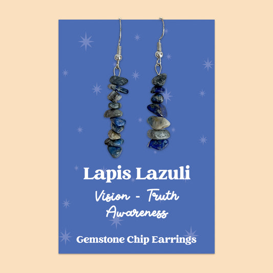 WishStrings “Lapis Lazuli” Gemstone Chip Earrings | Handmade Crystal Jewellery | Vision, Truth & Awareness | Presented on Blue Starry Card