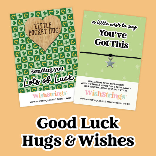 Good Luck Collection – 6 Pocket Hugs & 6 WishStrings | Encouragement & Support Gifts | Handmade Inspirational Keepsakes