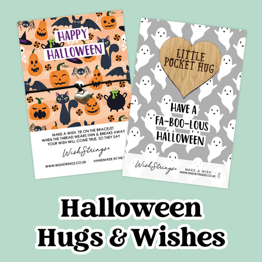 Halloween Collection – Spooky Wish Bracelets & Pocket Hug Tokens | Handmade Keepsakes with Charms & Quotes | Fun Seasonal Gifts Under £5