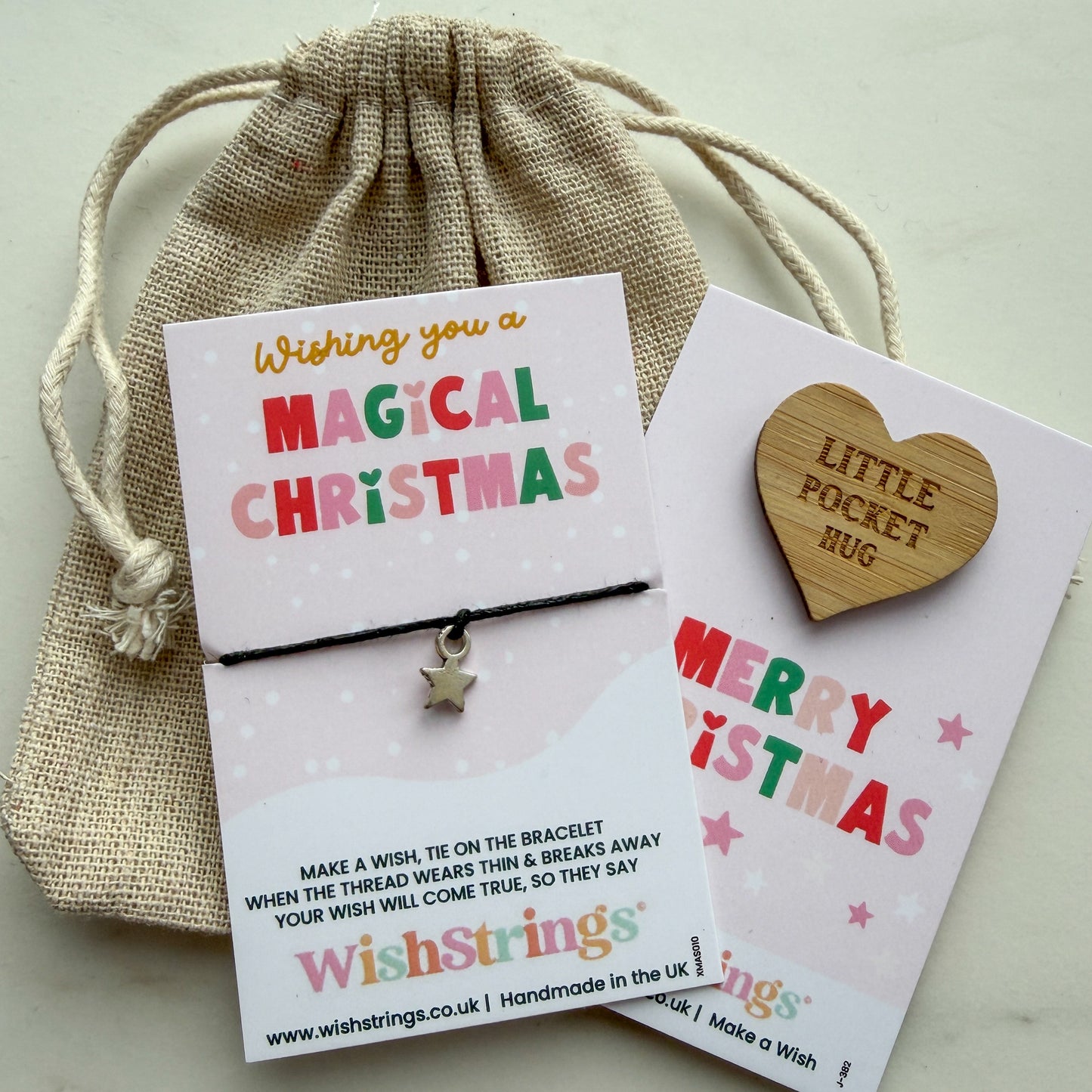 Magical Christmas Gift Bundle – Wish Bracelet & Pocket Hug | Star Charm WishString, Wooden Pocket Hug & Linen Gift Bag | Ready to Send | £6.99