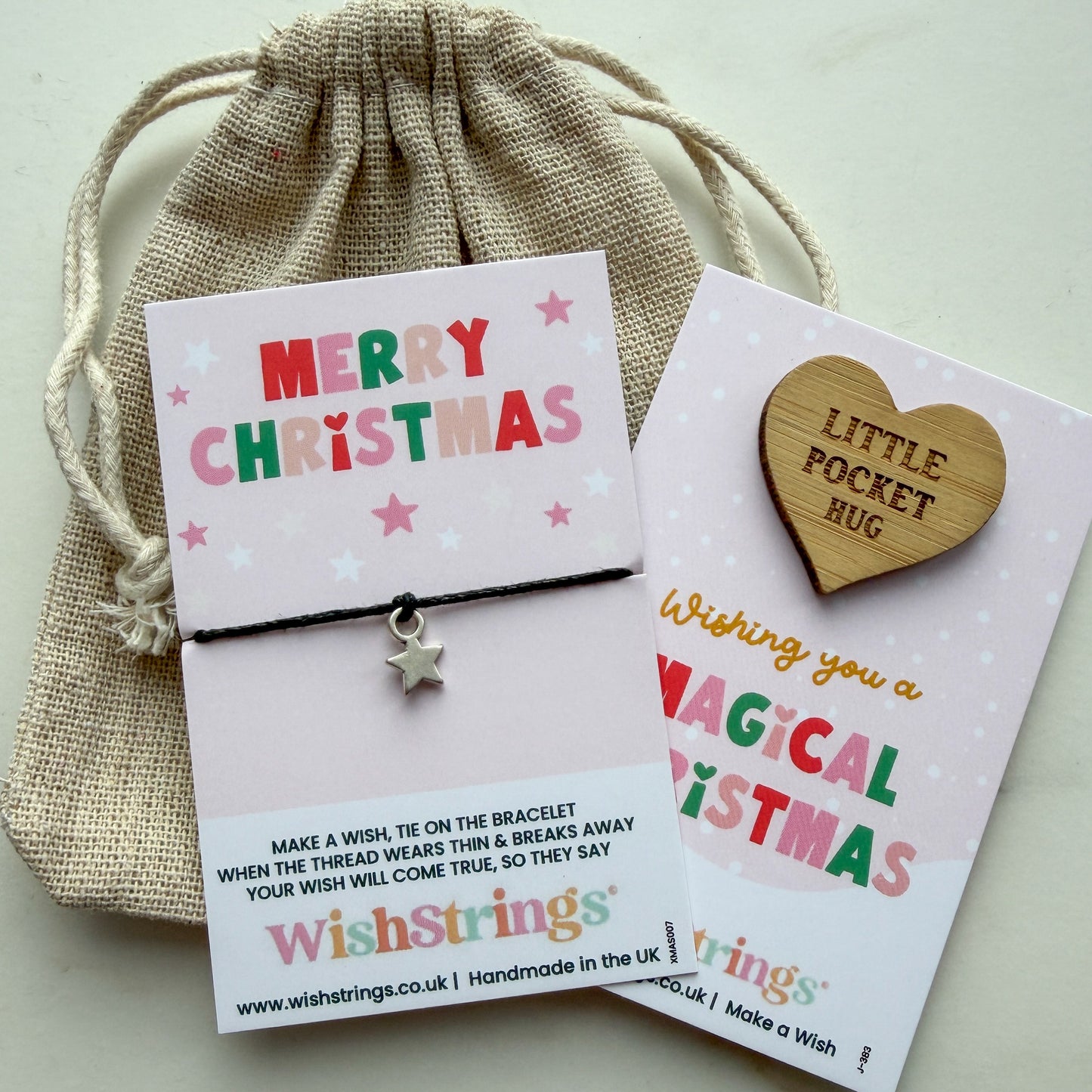 Merry Christmas Wish Bracelet & Pocket Hug Bundle | Christmas Star Charm Bracelet, Wooden Hug Token & Linen Gift Bag | £6.99 Gift