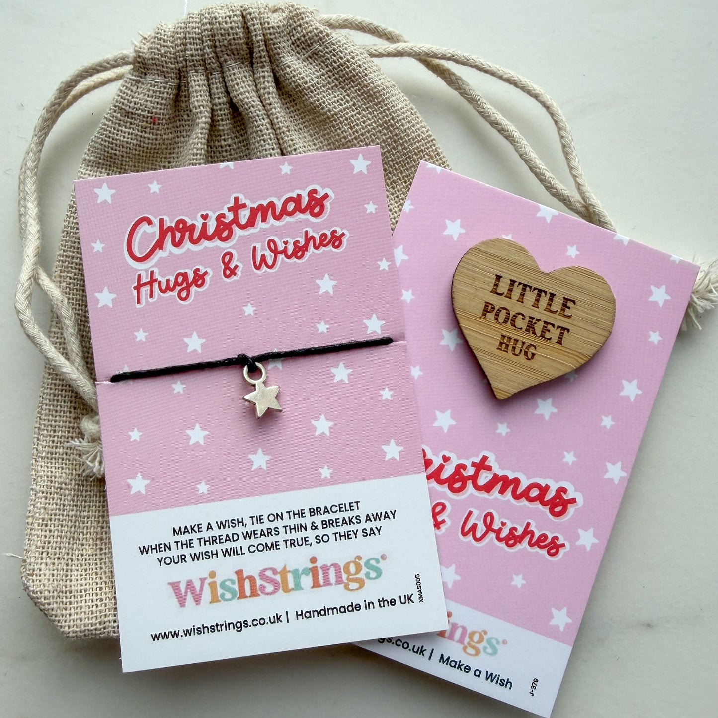 Christmas Hugs & Wishes Gift Bundle – Wish Bracelet & Pocket Hug | Festive Star Charm Bracelet, Wooden Hug Token & Linen Bag | £6.99