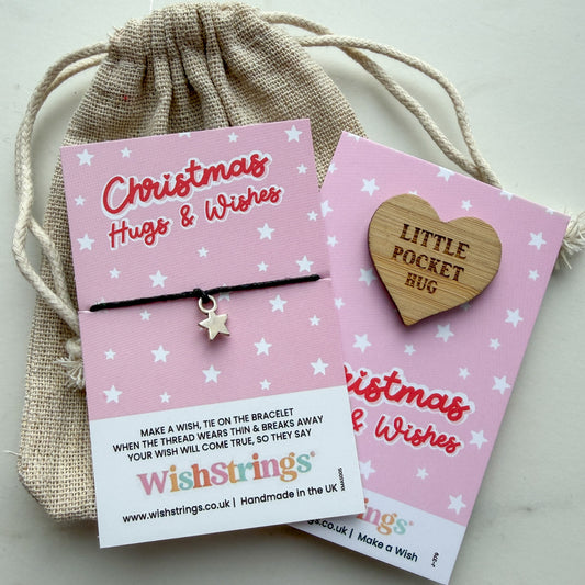 Christmas Hugs & Wishes Gift Bundle – Wish Bracelet & Pocket Hug | Festive Star Charm Bracelet, Wooden Hug Token & Linen Bag | £6.99