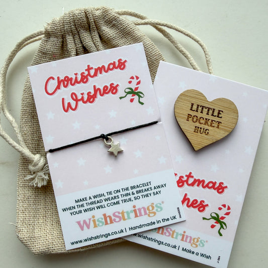 Christmas Wishes Gift Set – Wish Bracelet & Pocket Hug Bundle | Star Charm Bracelet, Festive Card, Wooden Hug Token & Gift Bag | £6.99