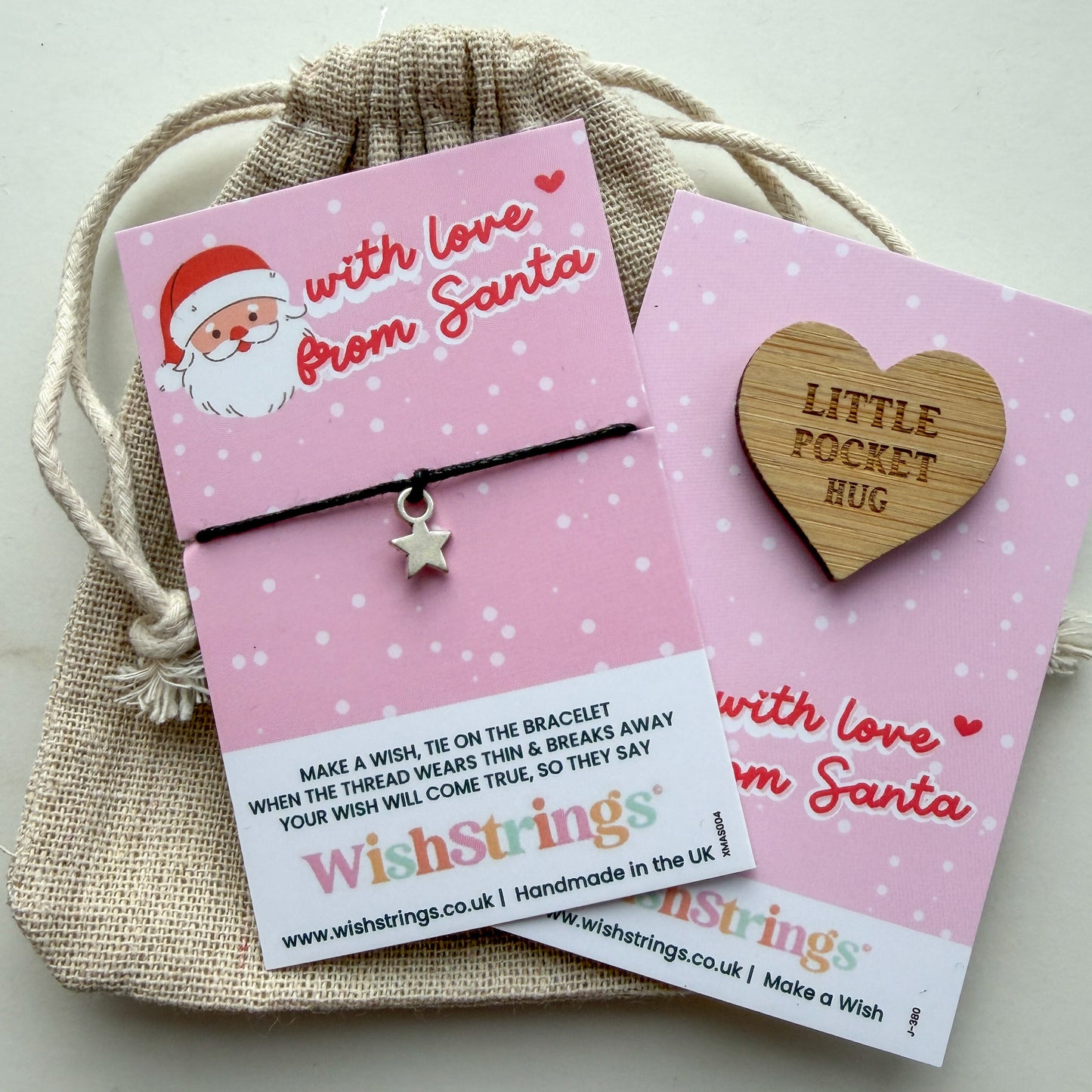 With Love from Santa – Christmas Wish Bracelet & Pocket Hug Bundle | Cute Santa Design, Wooden Hug Token & Linen Gift Bag | £6.99