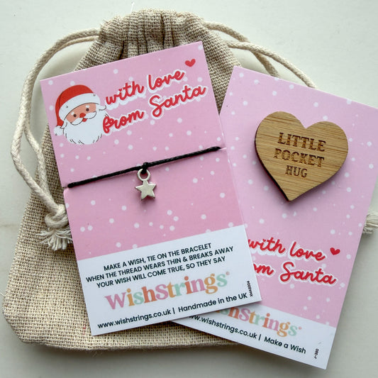 With Love from Santa – Christmas Wish Bracelet & Pocket Hug Bundle | Cute Santa Design, Wooden Hug Token & Linen Gift Bag | £6.99