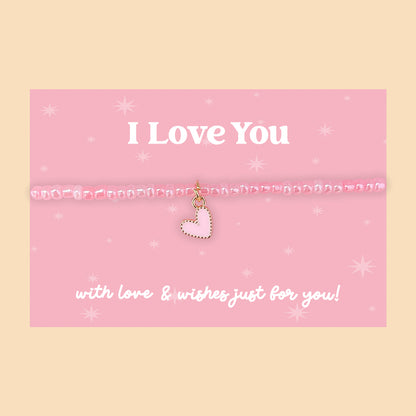 Little Wishes® “I Love You” Pink Seed Bead Bracelet | Enamel Heart Charm | Sentimental Gift for Partner, Daughter or Friend | Presented on Pink Gift Card