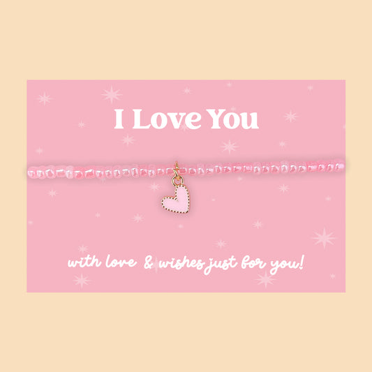 Little Wishes® “I Love You” Pink Seed Bead Bracelet | Enamel Heart Charm | Sentimental Gift for Partner, Daughter or Friend | Presented on Pink Gift Card
