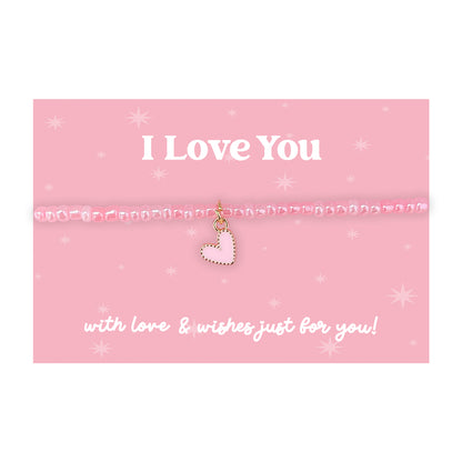 Little Wishes® “I Love You” Pink Seed Bead Bracelet | Enamel Heart Charm | Sentimental Gift for Partner, Daughter or Friend | Presented on Pink Gift Card