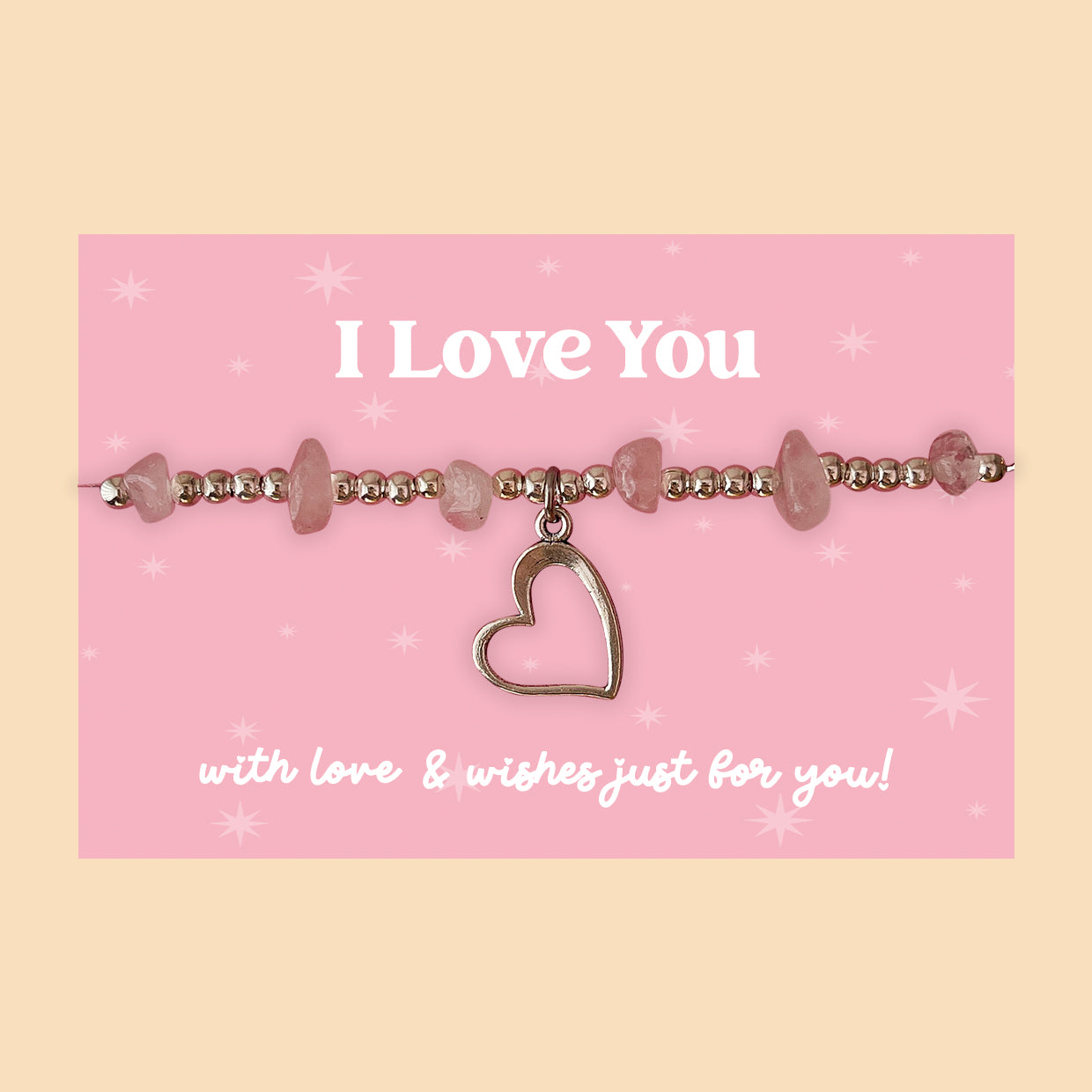 Little Wishes® “I Love You” Rose Quartz Gemstone Chip Bracelet | Silver Ball Beads & Heart Charm | Romantic Gift for Her on Pink Card | Keepsake for Valentine’s Day, Anniversary or Just Because